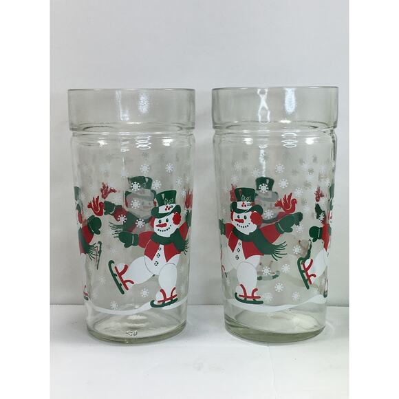 Snowman Glasses 2 Vintage Thick-Walled Drinking Tumblers Skating Snowmen - Picture 4 of 6